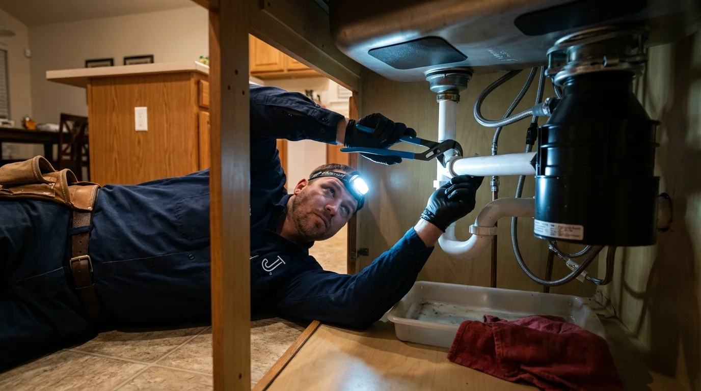 P-trap and supply line connections under a kitchen sink showing a common leak point in Jackson, AL
